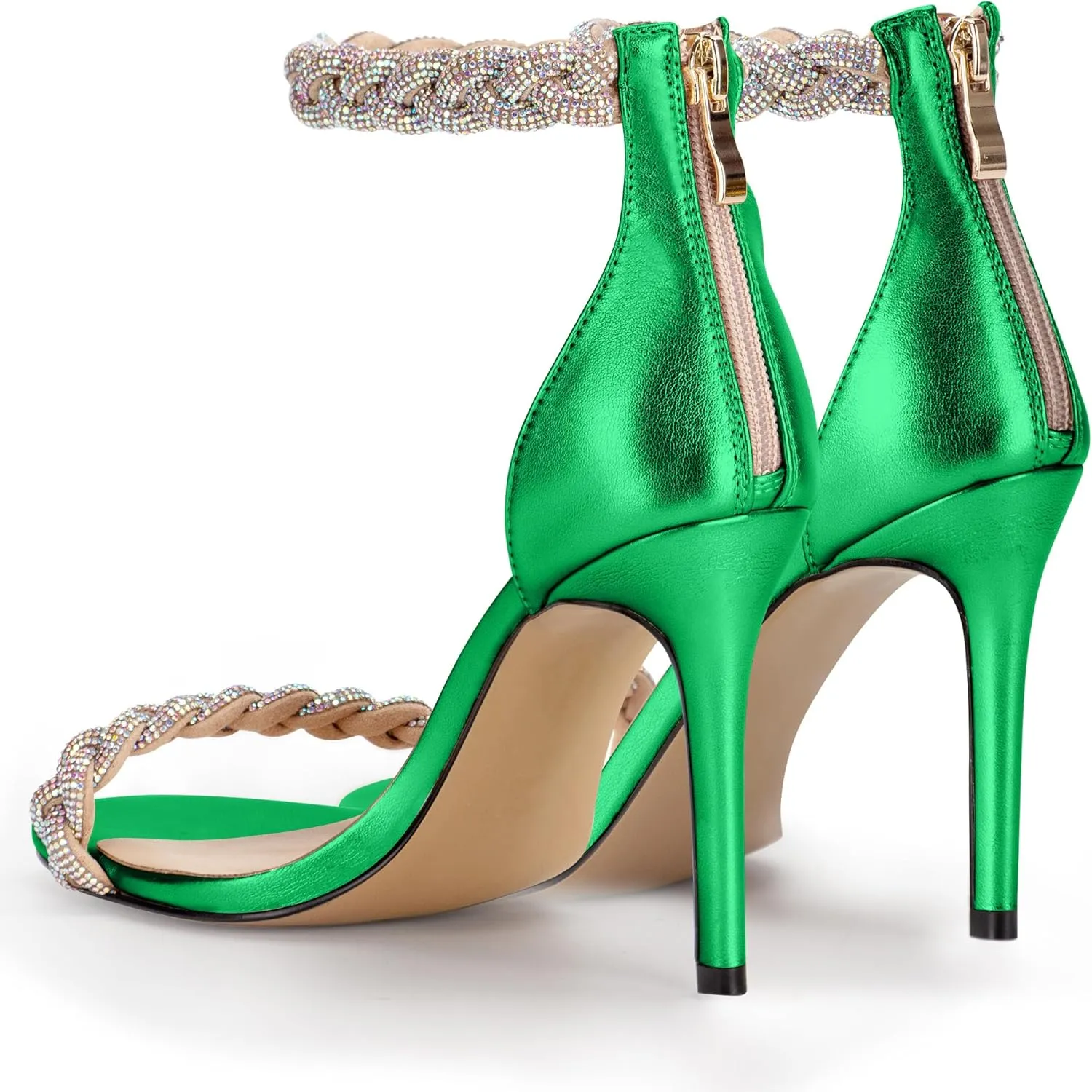 100FIXEO Women's Rhinestone Open Toe Stiletto Heeled Sandals Elegant Ankle Strap Wedding High Heels Sexy Dressy Shoes