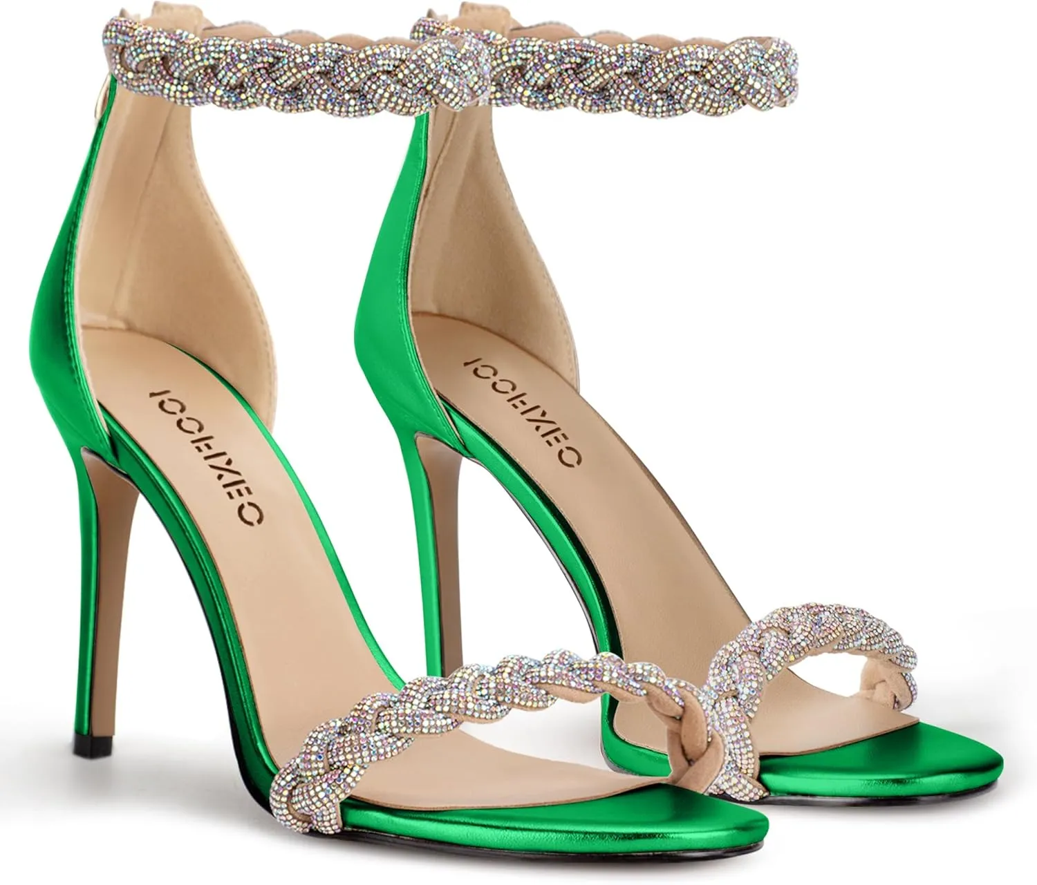 100FIXEO Women's Rhinestone Open Toe Stiletto Heeled Sandals Elegant Ankle Strap Wedding High Heels Sexy Dressy Shoes