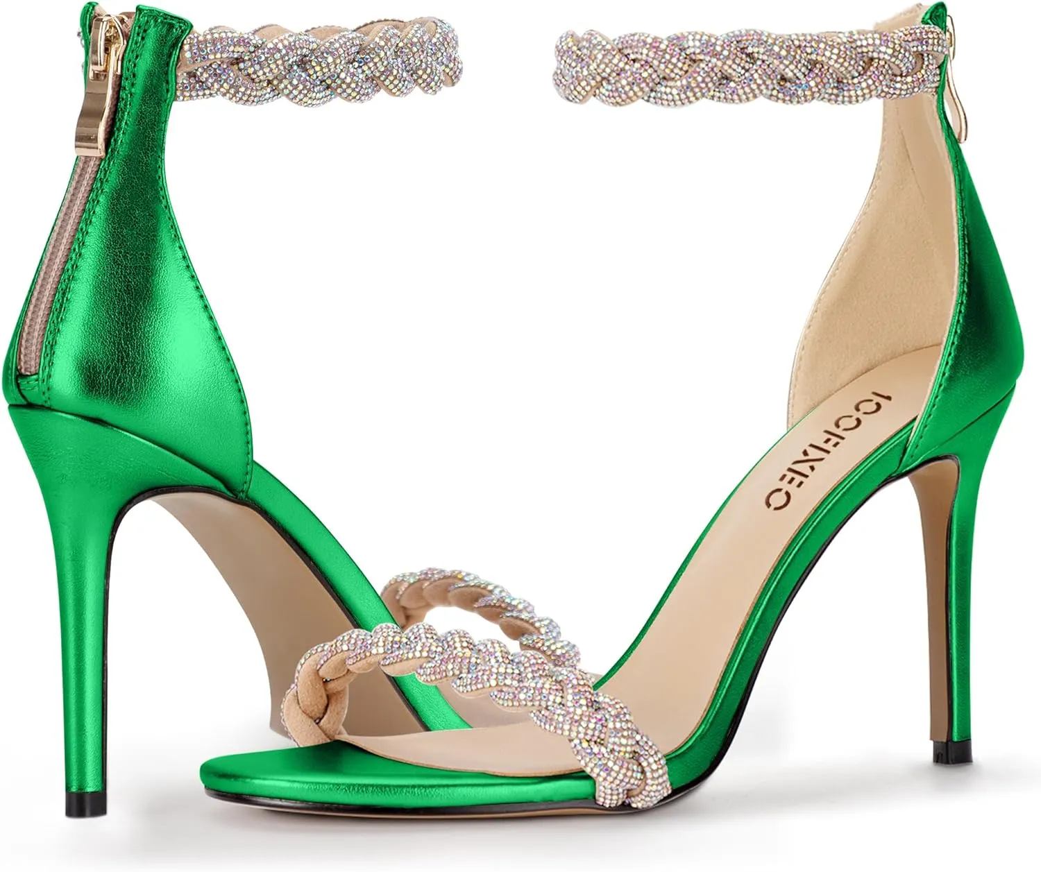 100FIXEO Women's Rhinestone Open Toe Stiletto Heeled Sandals Elegant Ankle Strap Wedding High Heels Sexy Dressy Shoes