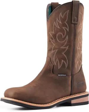 11'' Cowboy Work Boot for Men, Wide Square Toe Work Boots, Pull on Comfortable Soft Boots, Crazy Horse Leather, Oil & Slip Resistant, Waterproof, EH G11242N
