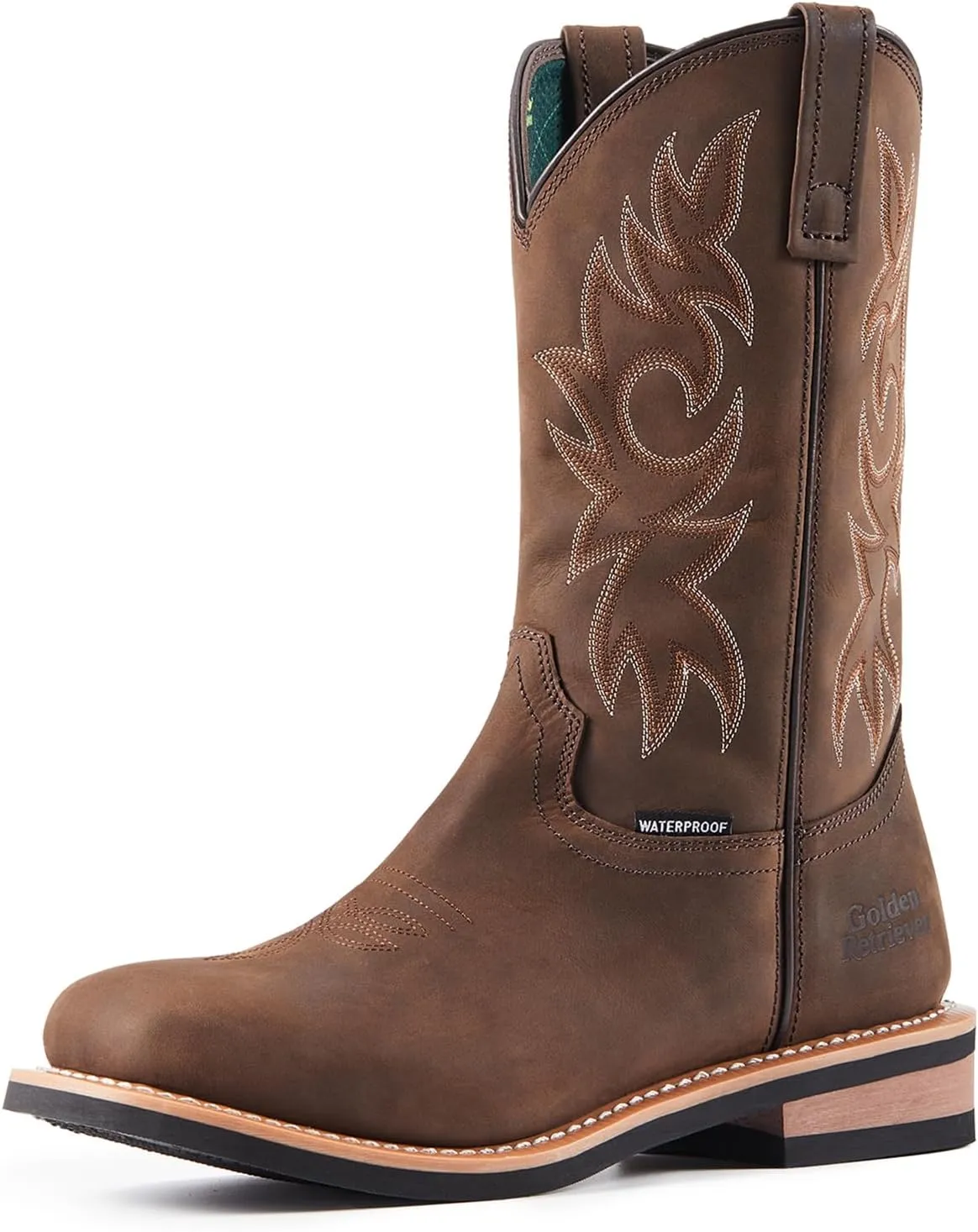 11'' Cowboy Work Boot for Men, Wide Square Toe Work Boots, Pull on Comfortable Soft Boots, Crazy Horse Leather, Oil & Slip Resistant, Waterproof, EH G11242N