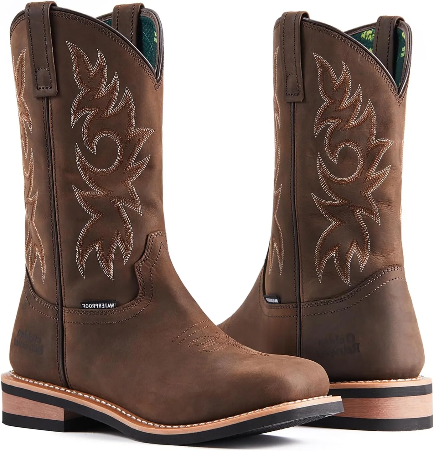 11'' Cowboy Work Boot for Men, Wide Square Toe Work Boots, Pull on Comfortable Soft Boots, Crazy Horse Leather, Oil & Slip Resistant, Waterproof, EH G11242N