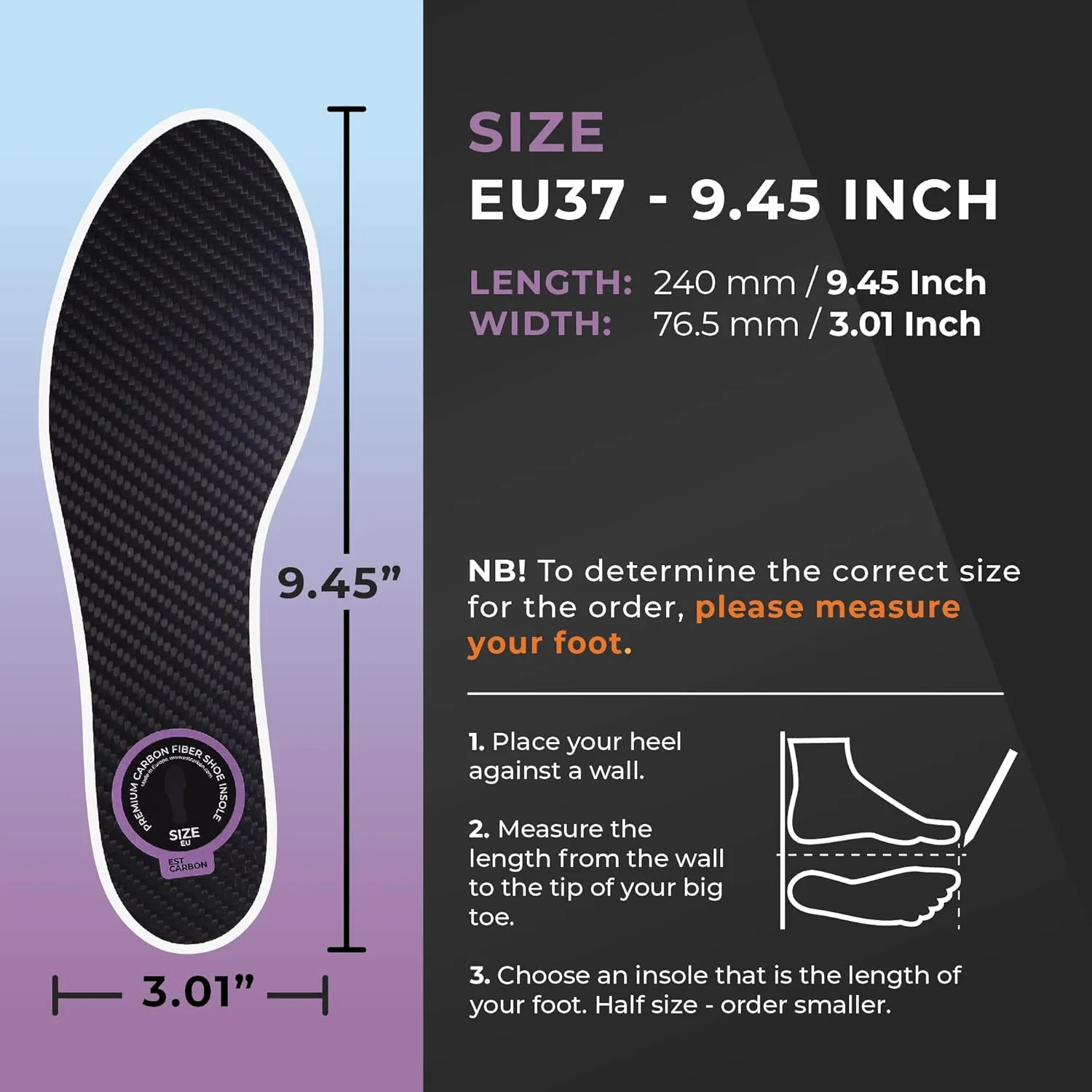 2 Piece (Pair) Carbon Fiber Insoles for Men & Women - Carbon Fiber Inserts for Basketball, Volleyball, Hiking,| Fits All Sneakers and Shoes - Enhances Athletic Performance Women 7.5-8, Men's 6.5-7