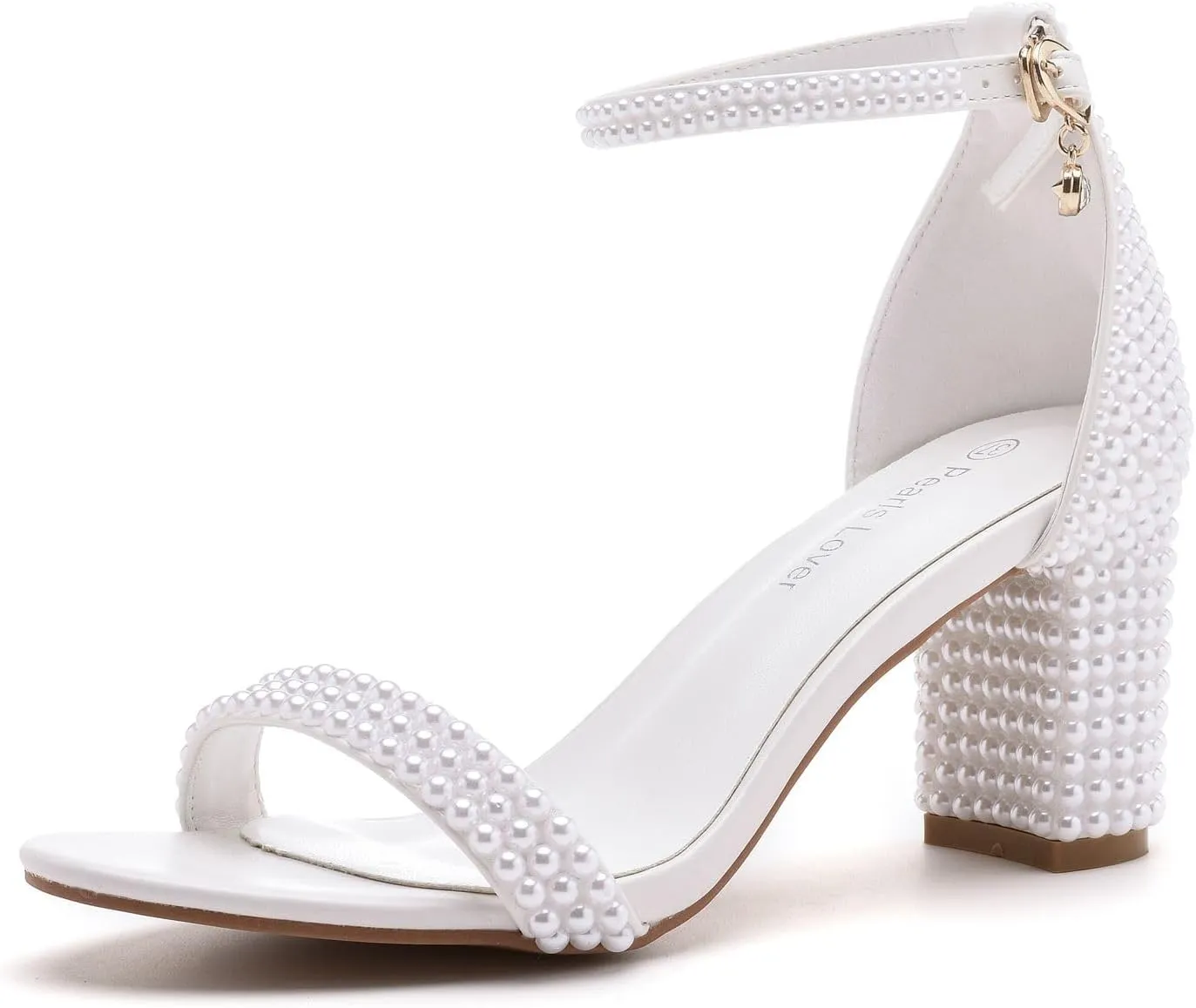 3.75 Inches Women Block Heel Sandals Full White Pearls High Heel Sandals Bridal Wedding Shoes Open Toe Chunky Heel Sandals For Party Evening