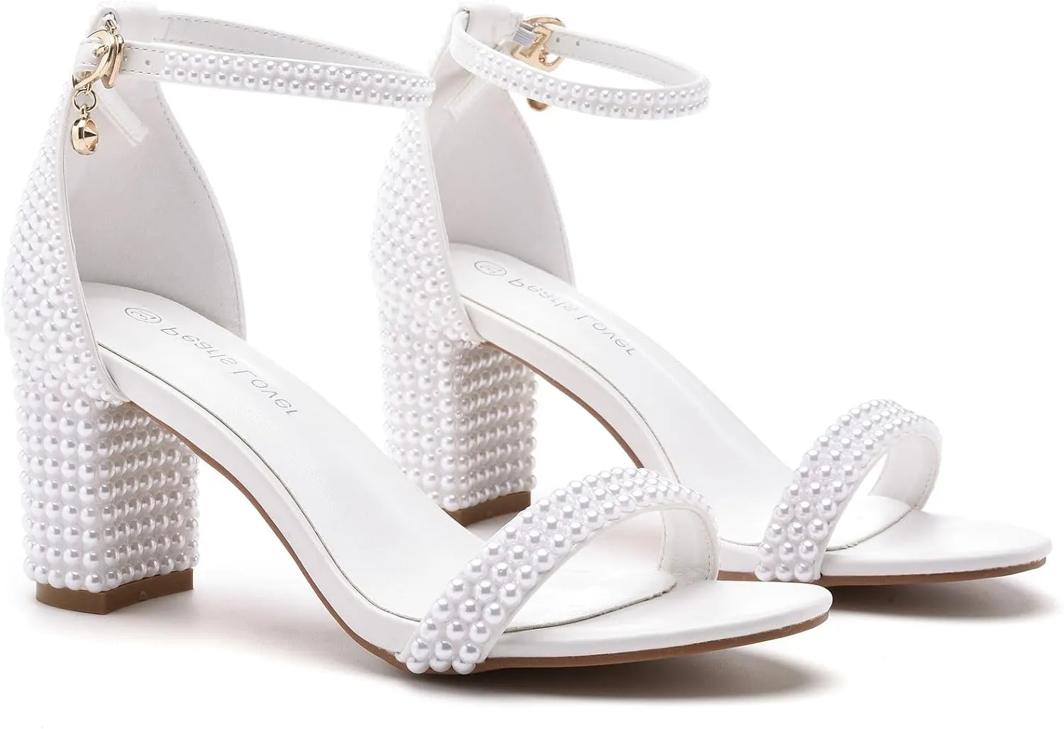 3.75 Inches Women Block Heel Sandals Full White Pearls High Heel Sandals Bridal Wedding Shoes Open Toe Chunky Heel Sandals For Party Evening