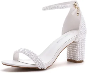 3.75 Inches Women Block Heel Sandals Full White Pearls High Heel Sandals Bridal Wedding Shoes Open Toe Chunky Heel Sandals For Party Evening