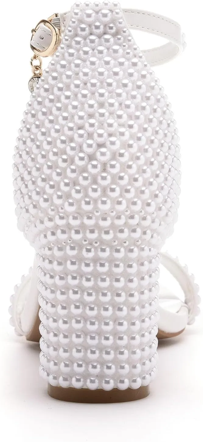 3.75 Inches Women Block Heel Sandals Full White Pearls High Heel Sandals Bridal Wedding Shoes Open Toe Chunky Heel Sandals For Party Evening