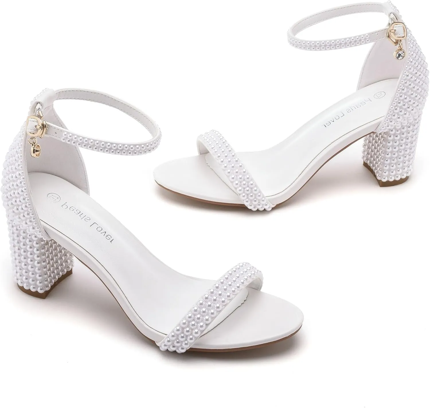 3.75 Inches Women Block Heel Sandals Full White Pearls High Heel Sandals Bridal Wedding Shoes Open Toe Chunky Heel Sandals For Party Evening