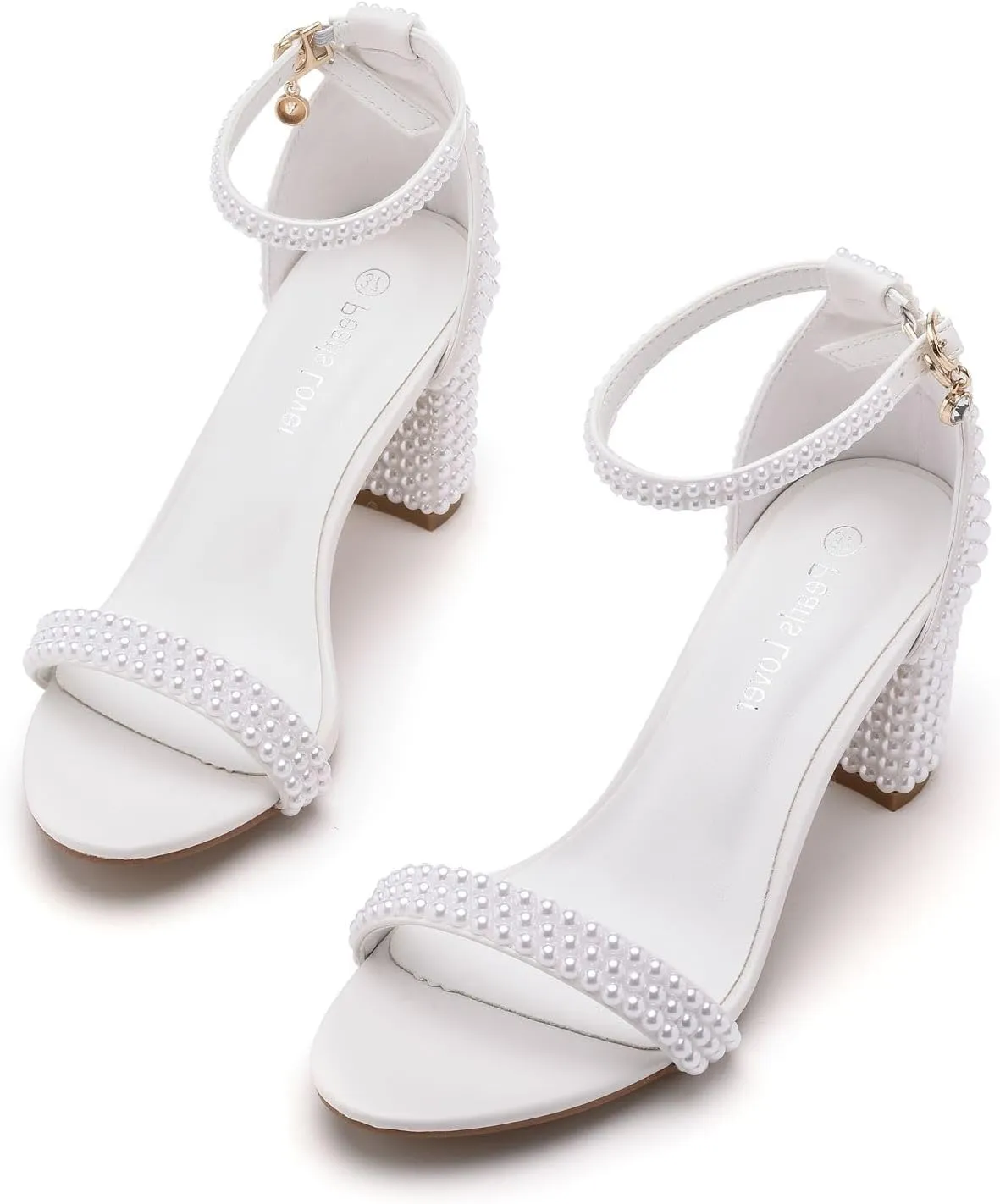 3.75 Inches Women Block Heel Sandals Full White Pearls High Heel Sandals Bridal Wedding Shoes Open Toe Chunky Heel Sandals For Party Evening