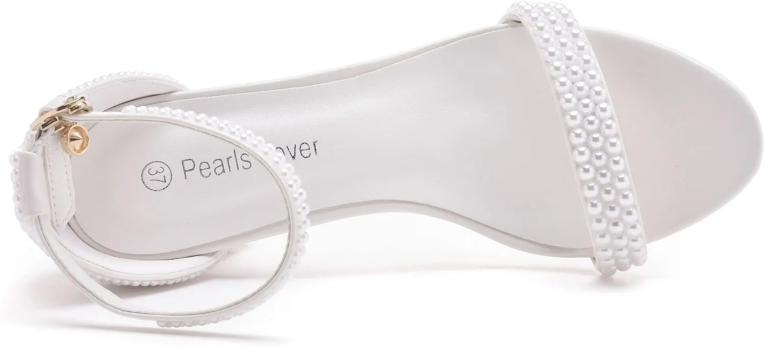 3.75 Inches Women Block Heel Sandals Full White Pearls High Heel Sandals Bridal Wedding Shoes Open Toe Chunky Heel Sandals For Party Evening