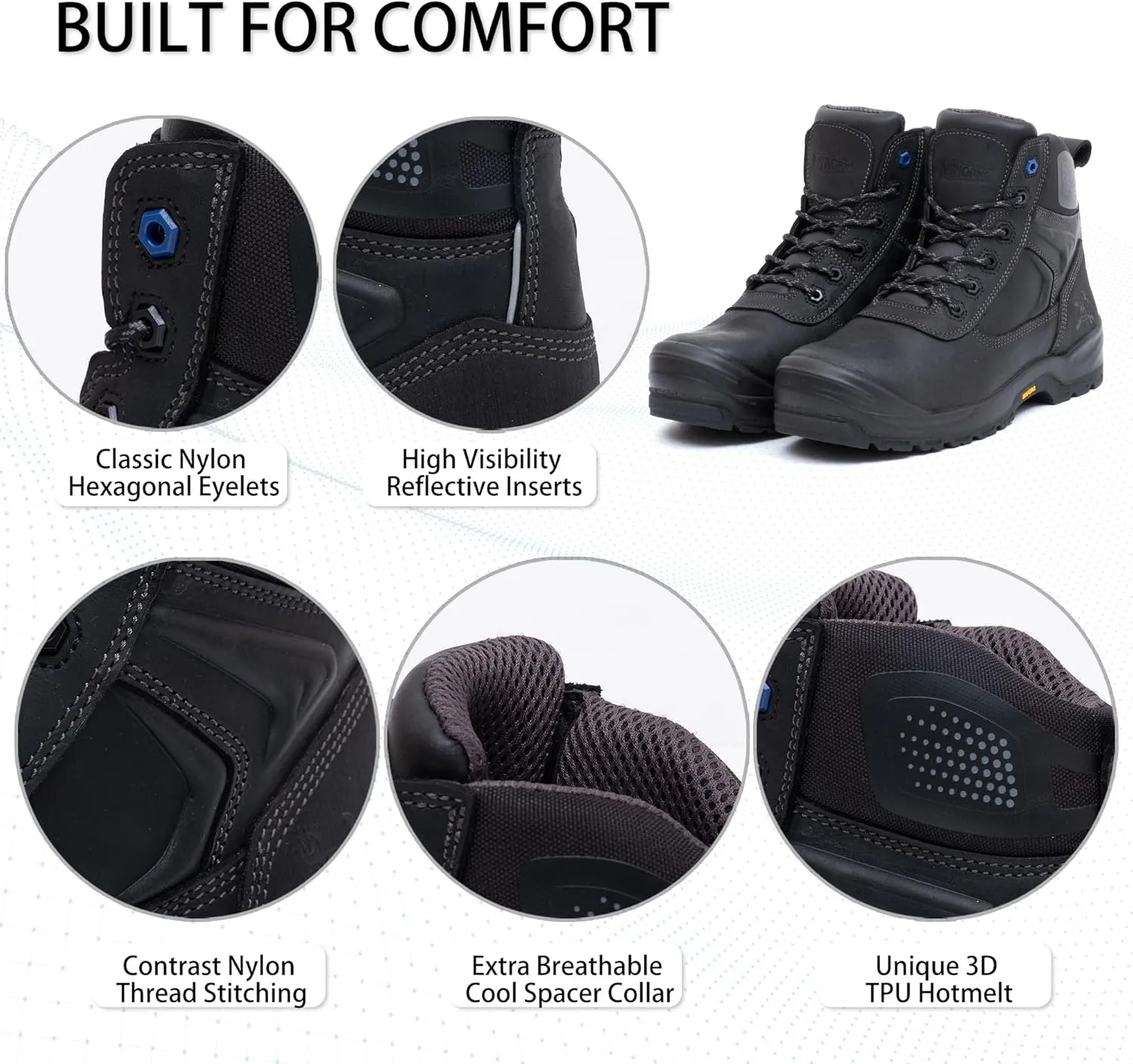 6" Safety Work Boots For Men Water Resistant Composite Toe Puncture Resistant EH Non Slip No Metal ASTM F2413-18 Comfortable&Durable MW9276