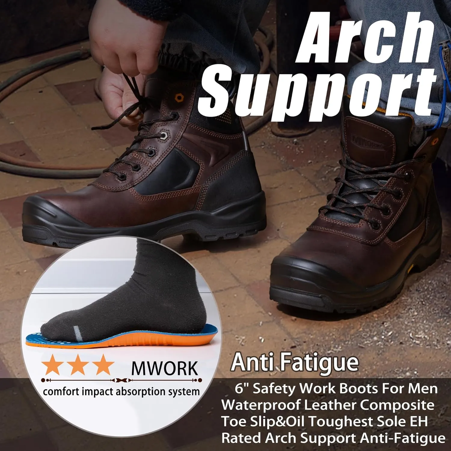 6" Safety Work Boots For Men Water Resistant Composite Toe Puncture Resistant EH Non Slip No Metal ASTM F2413-18 Comfortable&Durable MW9276