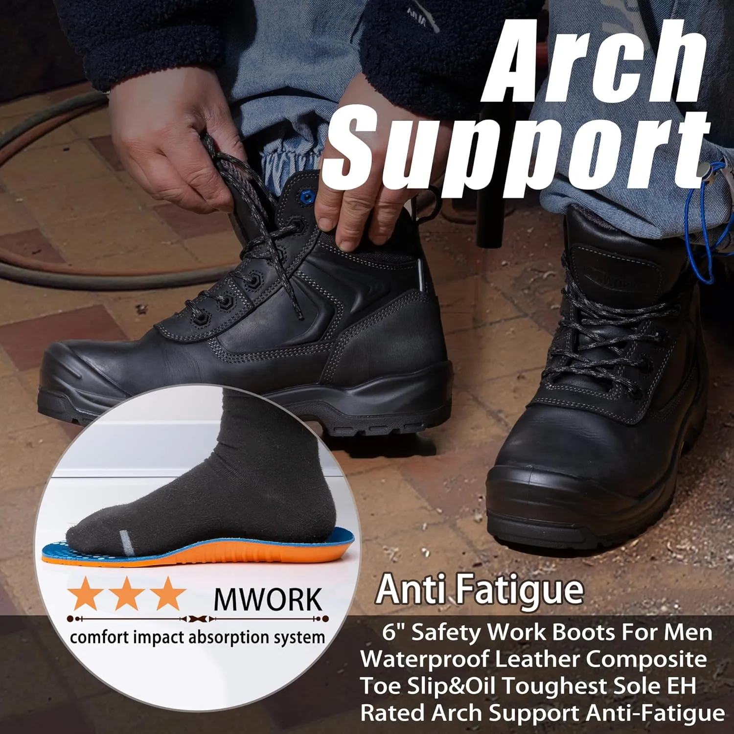 6" Safety Work Boots For Men Water Resistant Composite Toe Puncture Resistant EH Non Slip No Metal ASTM F2413-18 Comfortable&Durable MW9276