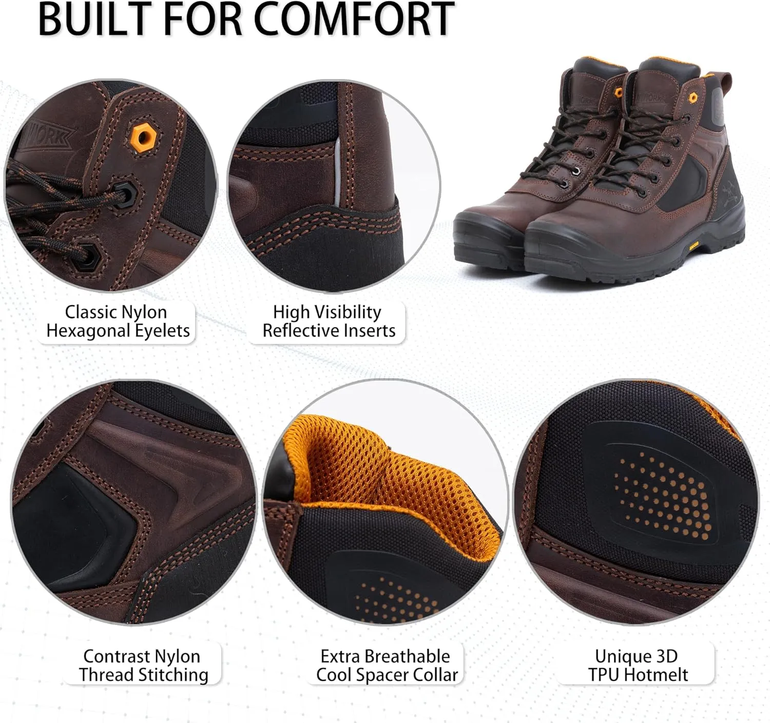 6" Safety Work Boots For Men Water Resistant Composite Toe Puncture Resistant EH Non Slip No Metal ASTM F2413-18 Comfortable&Durable MW9276