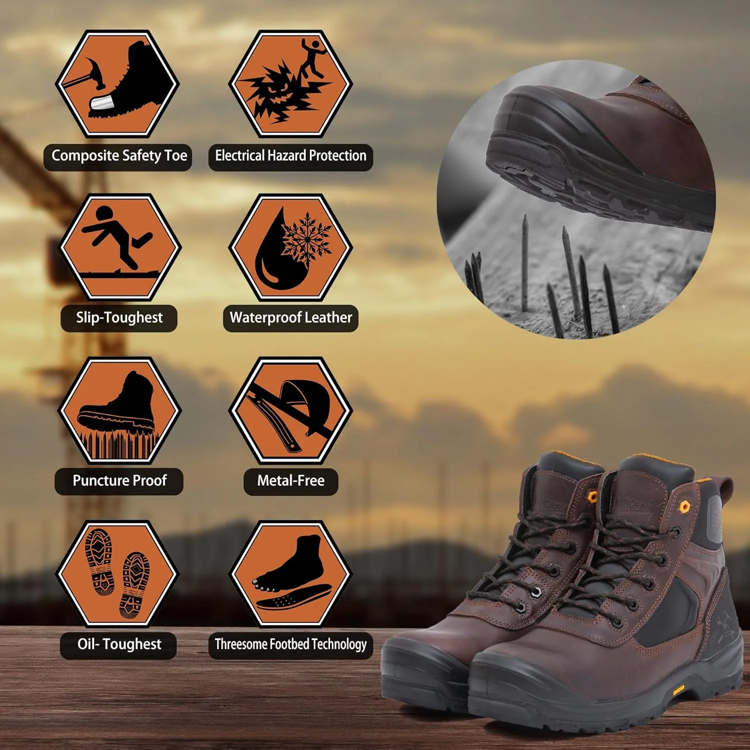 6" Safety Work Boots For Men Water Resistant Composite Toe Puncture Resistant EH Non Slip No Metal ASTM F2413-18 Comfortable&Durable MW9276