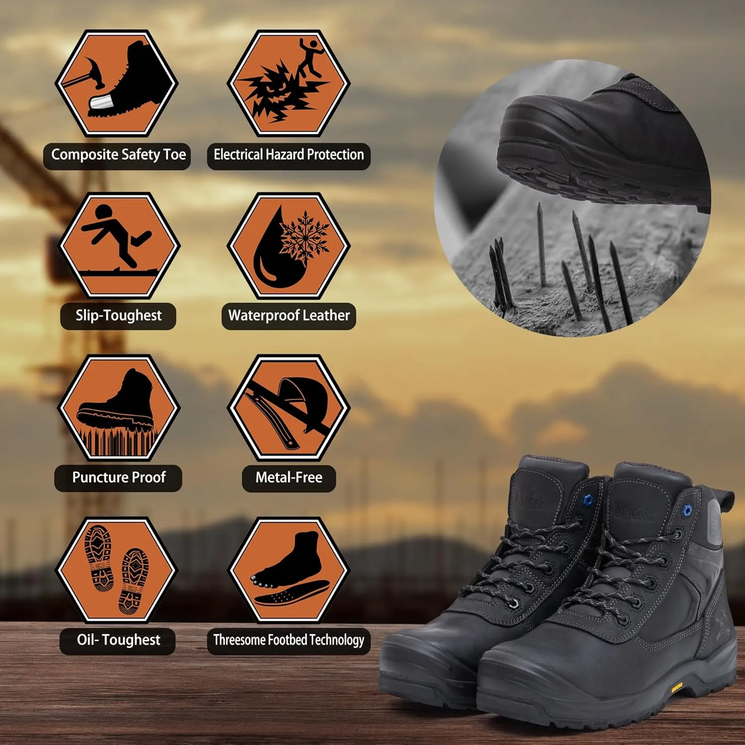 6" Safety Work Boots For Men Water Resistant Composite Toe Puncture Resistant EH Non Slip No Metal ASTM F2413-18 Comfortable&Durable MW9276