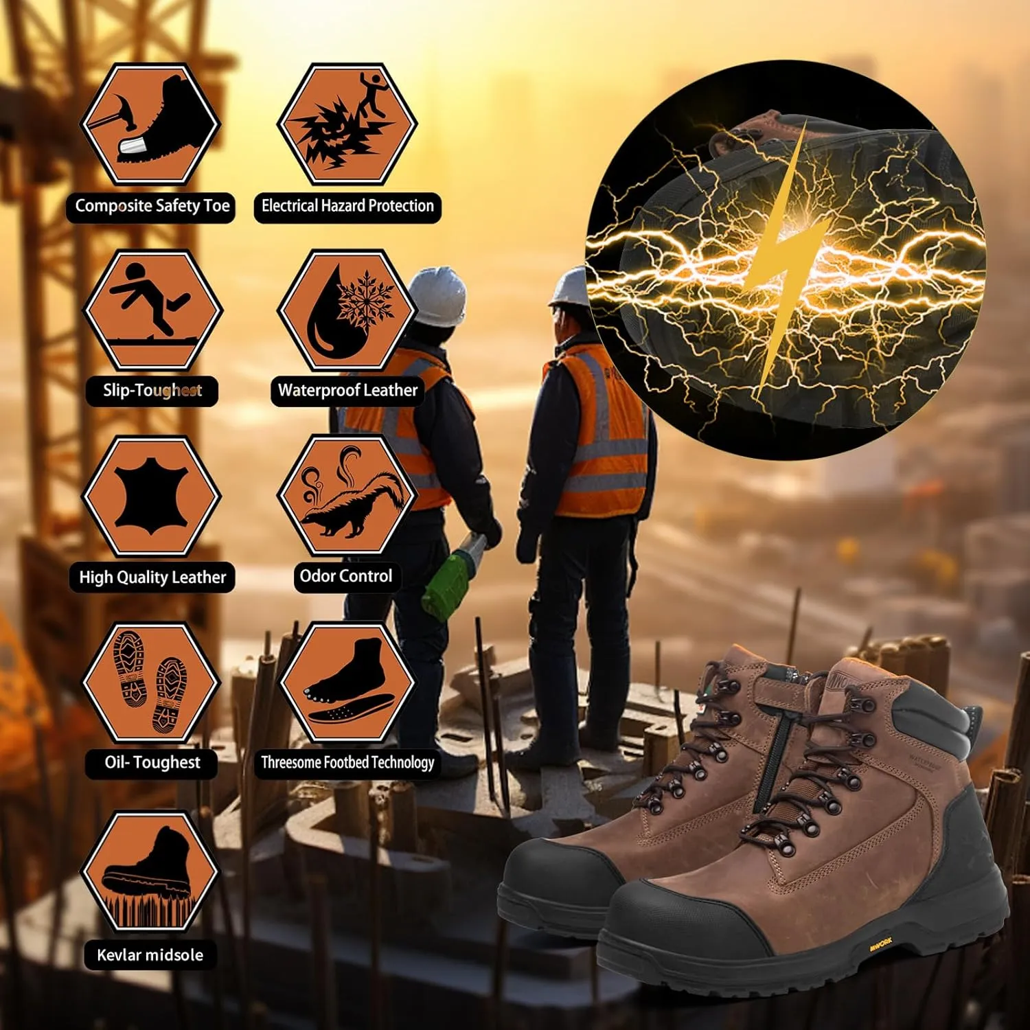 6" Safety Work Boots For Men Waterproof ASTM F2413-18 Composite Toe Puncture Proof EH Rated Non Slip YKK Zipper Side Industrial & Construction Chairman MW2302