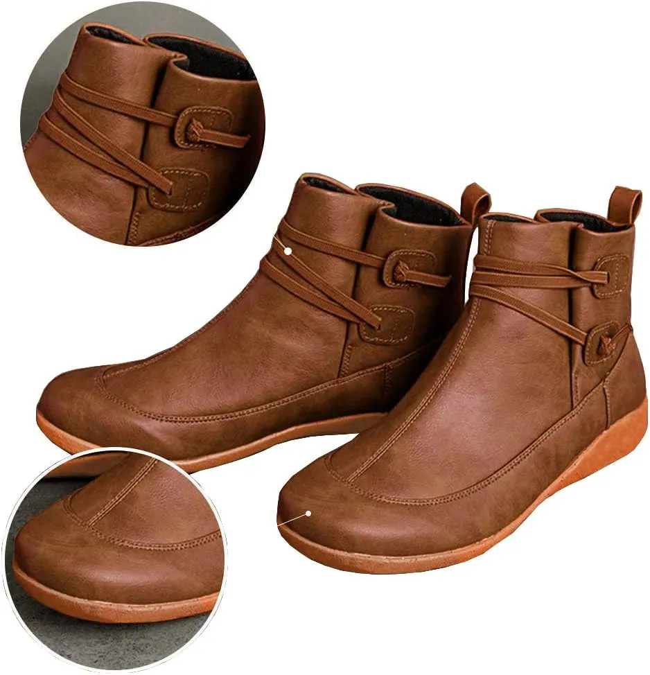 Acrossage Women Arch Support Boots Comfortable Ankle Wedge Short Booties Fashion Leather Waterproof Slip On Boots
