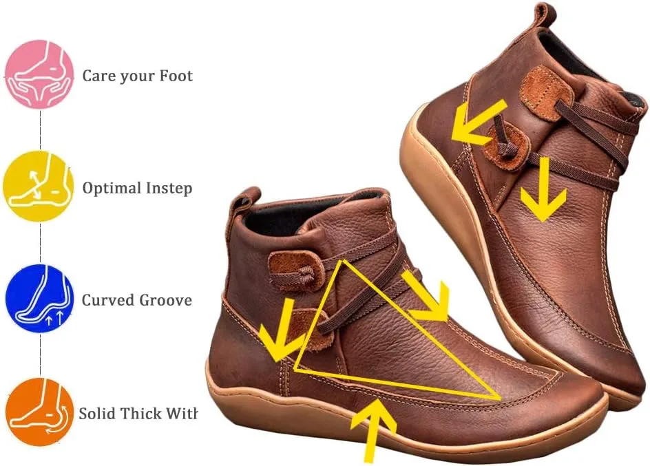 Acrossage Women Arch Support Boots Comfortable Ankle Wedge Short Booties Fashion Leather Waterproof Slip On Boots