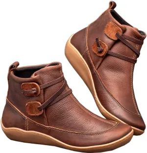 Acrossage Women Arch Support Boots Comfortable Ankle Wedge Short Booties Fashion Leather Waterproof Slip On Boots
