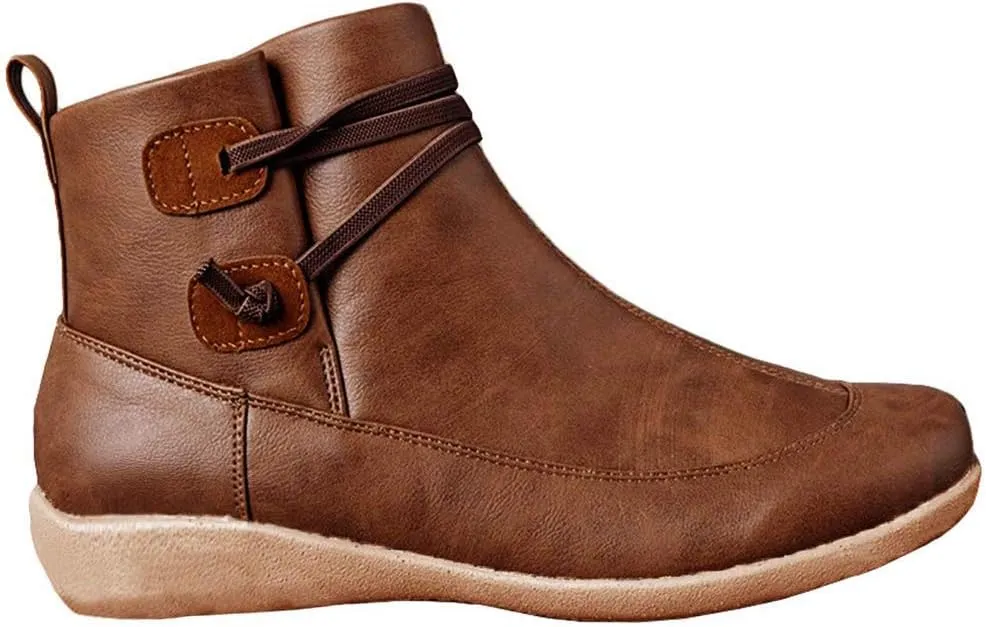 Acrossage Women Arch Support Boots Comfortable Ankle Wedge Short Booties Fashion Leather Waterproof Slip On Boots