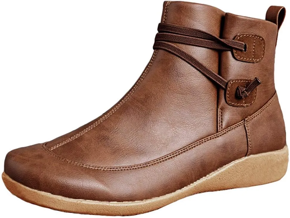 Acrossage Women Arch Support Boots Comfortable Ankle Wedge Short Booties Fashion Leather Waterproof Slip On Boots