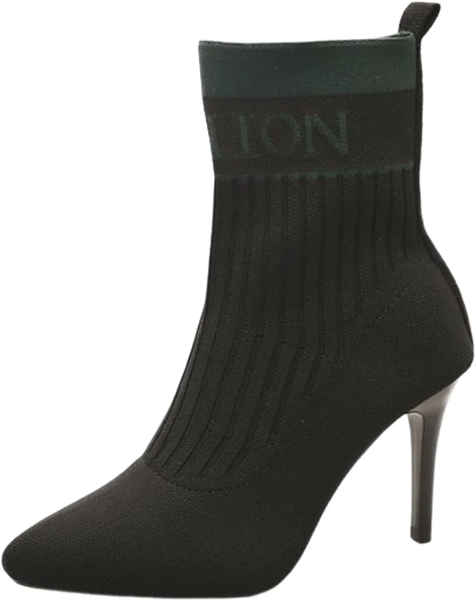 Aflngle Women's Stylish Ankle Boots Sexy Pointed Toe Stiletto High Heels Boots Elastic Knitted Fabric Short Long Sock Heels Comfy Mid Calf Booties