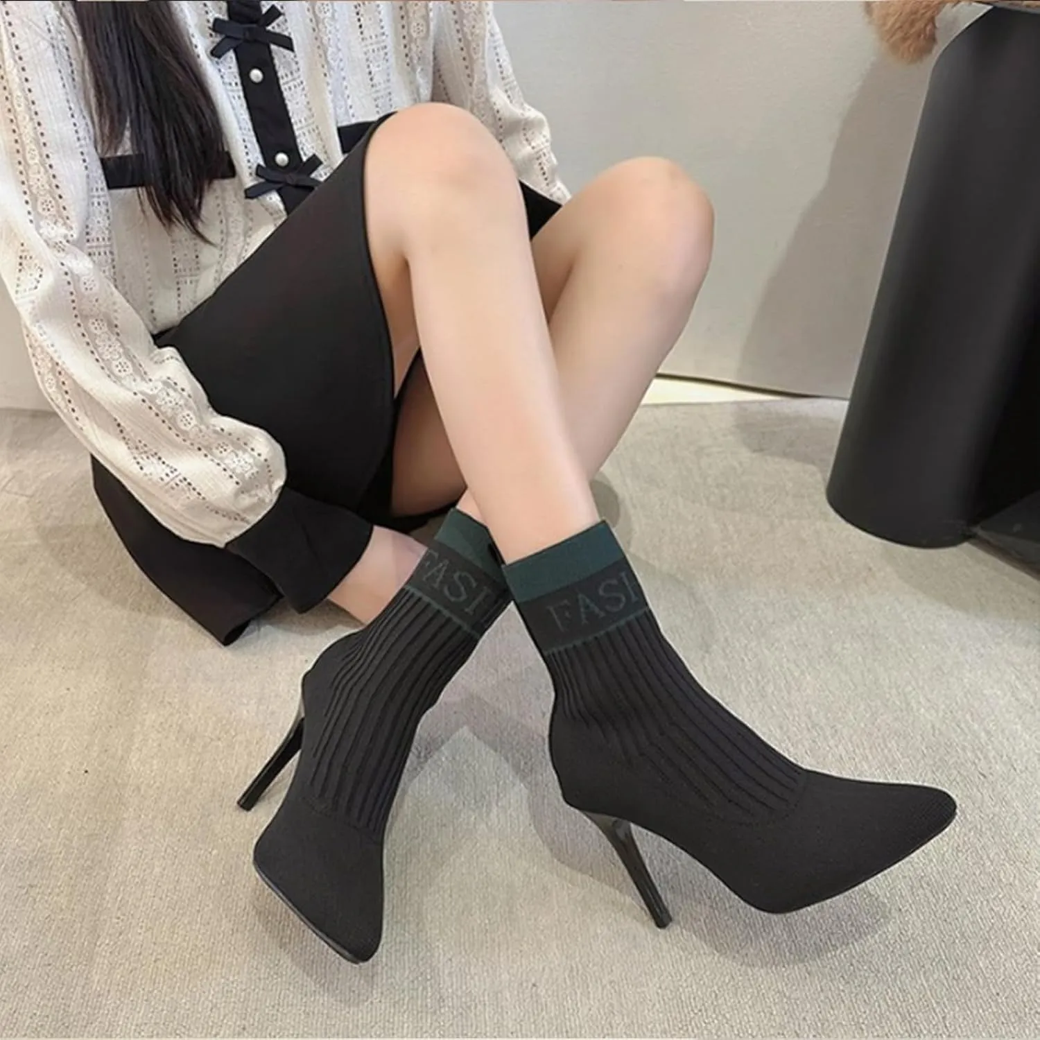 Aflngle Women's Stylish Ankle Boots Sexy Pointed Toe Stiletto High Heels Boots Elastic Knitted Fabric Short Long Sock Heels Comfy Mid Calf Booties