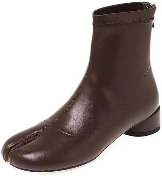 Agodor Women Split Toe Tabi Shoes Chunky Block High Heels Mid Calf Boots Vintage Fashion Shoes