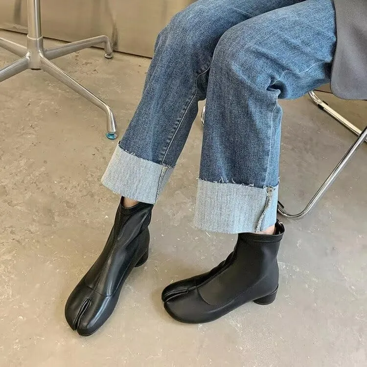 Agodor Women Split Toe Tabi Shoes Chunky Block High Heels Mid Calf Boots Vintage Fashion Shoes