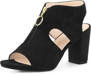 Allegra K Women's Front Zip Cut Out Chunky Heels Slingback Gladiator Heel Sandals