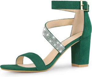 Allegra K Women's Rhinestone Open Toe Block Heels Sandals