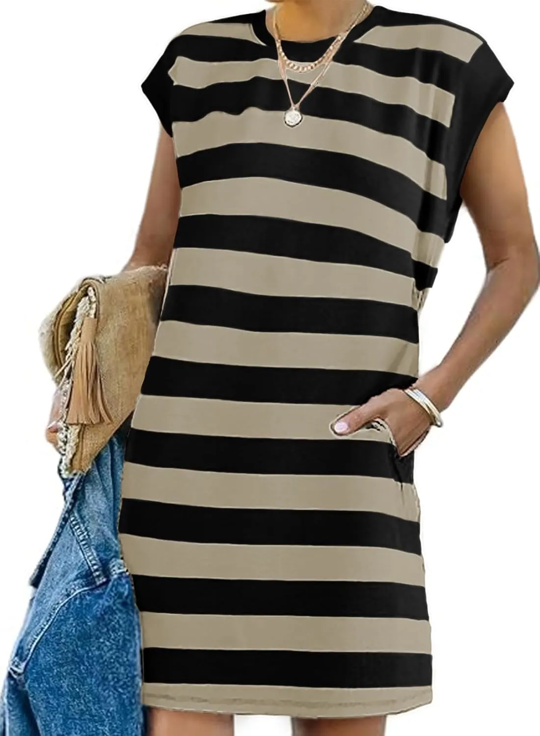 AlvaQ Womens Striped Summer Dresses 2025 Crewneck Cap Sleeve Color Block Casual A Line Tshirt Dress with Pockets