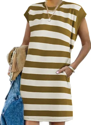 AlvaQ Womens Striped Summer Dresses 2025 Crewneck Cap Sleeve Color Block Casual A Line Tshirt Dress with Pockets