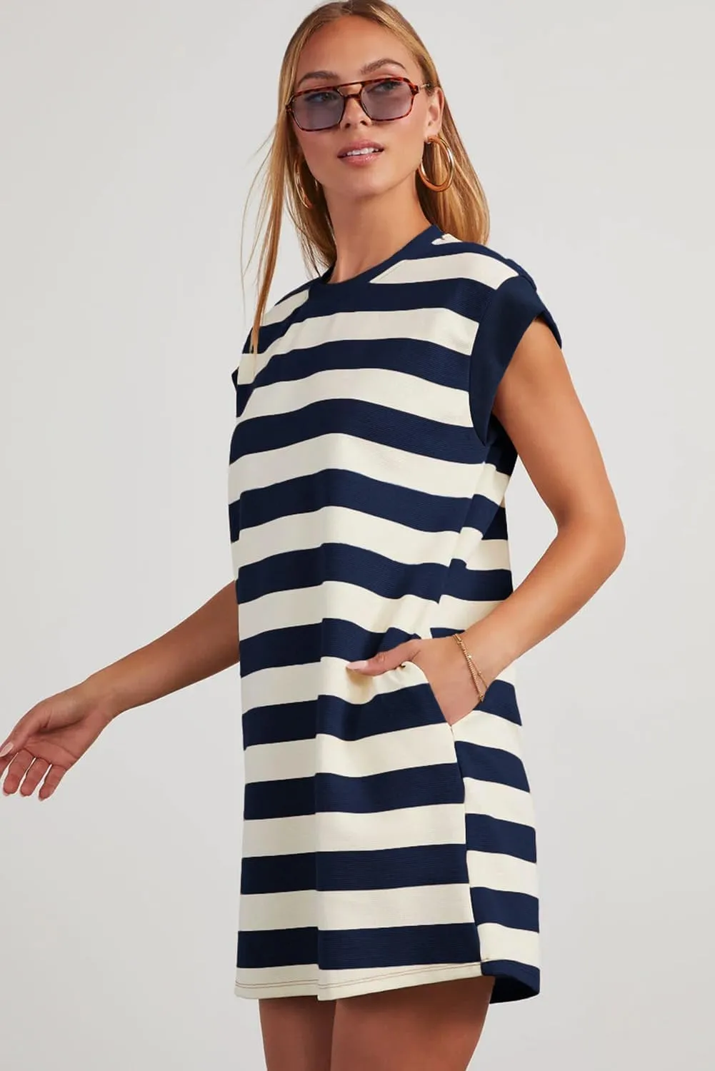 AlvaQ Womens Striped Summer Dresses 2025 Crewneck Cap Sleeve Color Block Casual A Line Tshirt Dress with Pockets