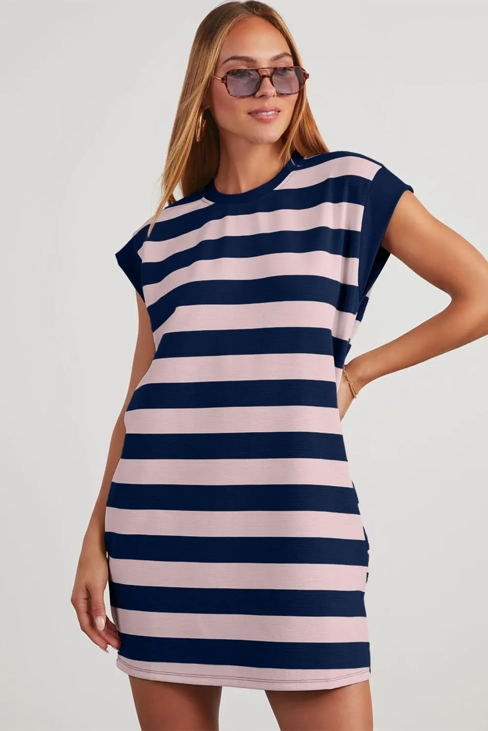 AlvaQ Womens Striped Summer Dresses 2025 Crewneck Cap Sleeve Color Block Casual A Line Tshirt Dress with Pockets