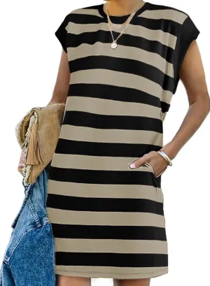 AlvaQ Womens Striped Summer Dresses 2025 Crewneck Cap Sleeve Color Block Casual A Line Tshirt Dress with Pockets