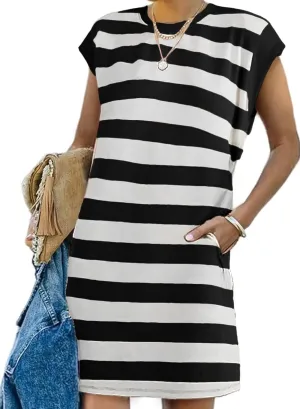 AlvaQ Womens Striped Summer Dresses 2025 Crewneck Cap Sleeve Color Block Casual A Line Tshirt Dress with Pockets