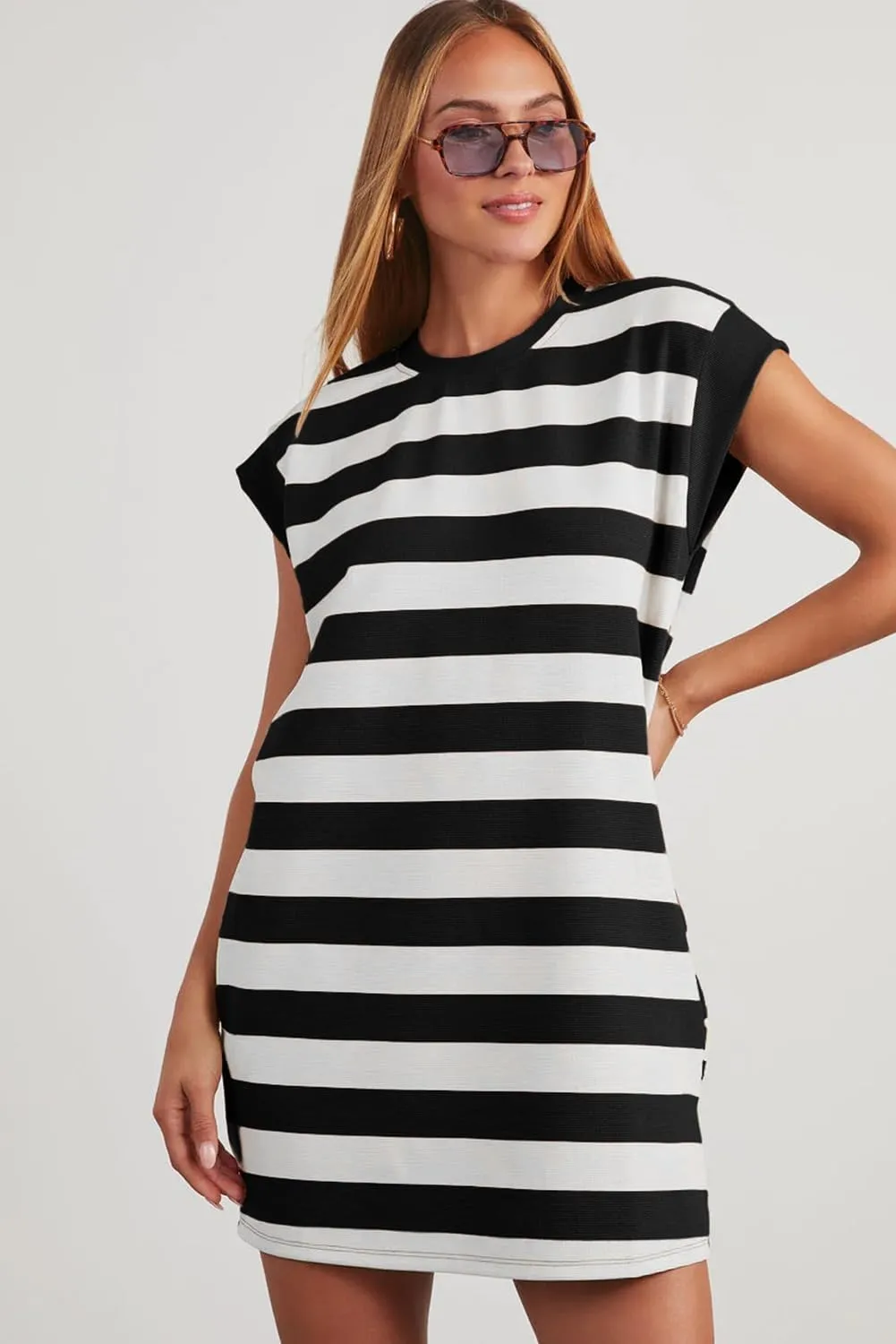 AlvaQ Womens Striped Summer Dresses 2025 Crewneck Cap Sleeve Color Block Casual A Line Tshirt Dress with Pockets