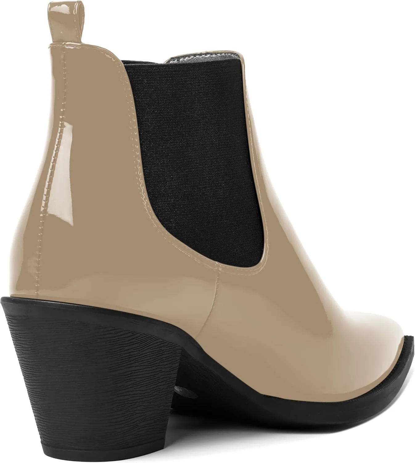 AMBELIGHT Womens Cute Pointed Toe Night Club Patent Slip On Block Low Heel Ankle High Boots 2.3 Inch