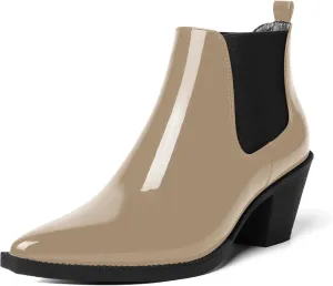AMBELIGHT Womens Cute Pointed Toe Night Club Patent Slip On Block Low Heel Ankle High Boots 2.3 Inch