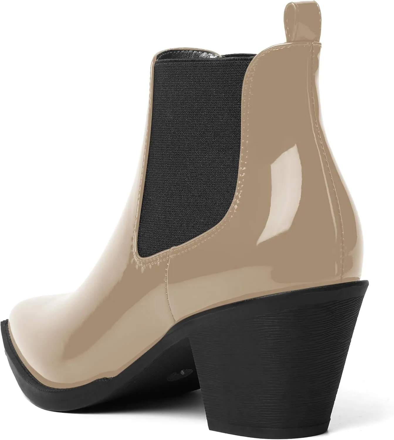 AMBELIGHT Womens Cute Pointed Toe Night Club Patent Slip On Block Low Heel Ankle High Boots 2.3 Inch