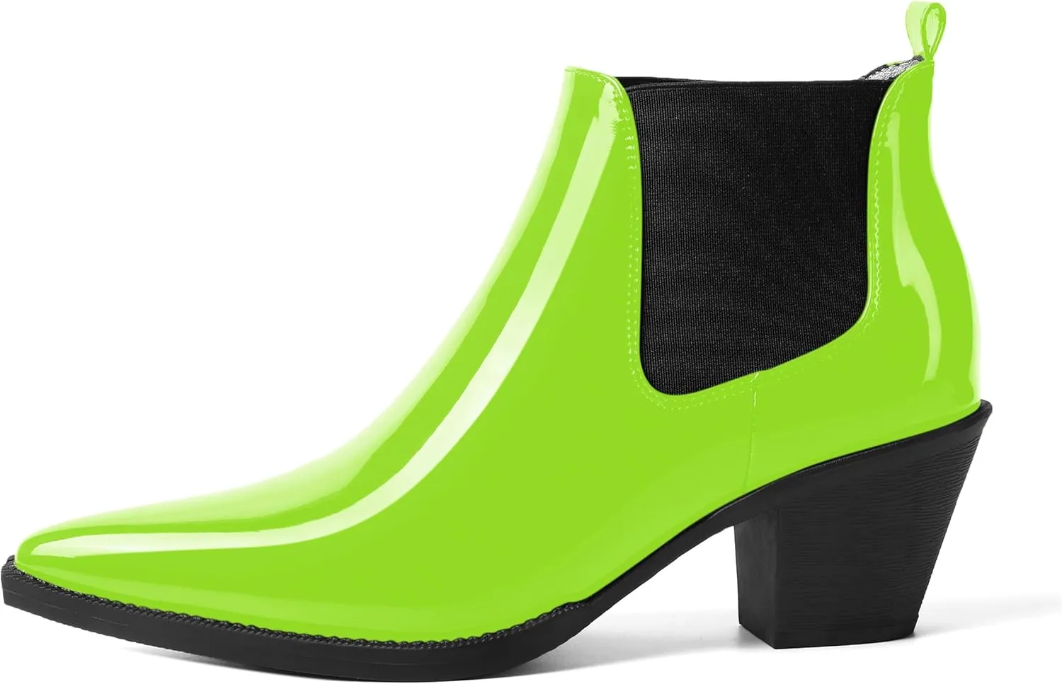 AMBELIGHT Womens Cute Pointed Toe Night Club Patent Slip On Block Low Heel Ankle High Boots 2.3 Inch