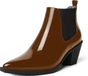 AMBELIGHT Womens Cute Pointed Toe Night Club Patent Slip On Block Low Heel Ankle High Boots 2.3 Inch