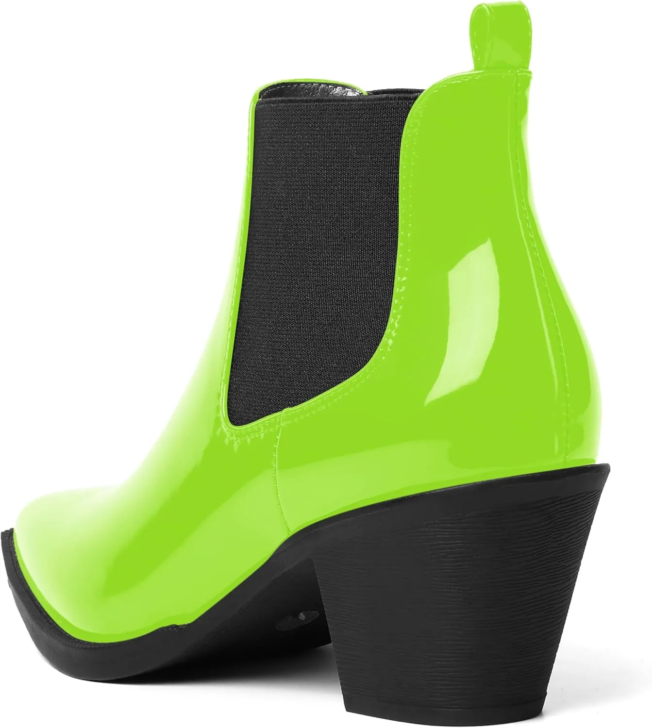 AMBELIGHT Womens Cute Pointed Toe Night Club Patent Slip On Block Low Heel Ankle High Boots 2.3 Inch