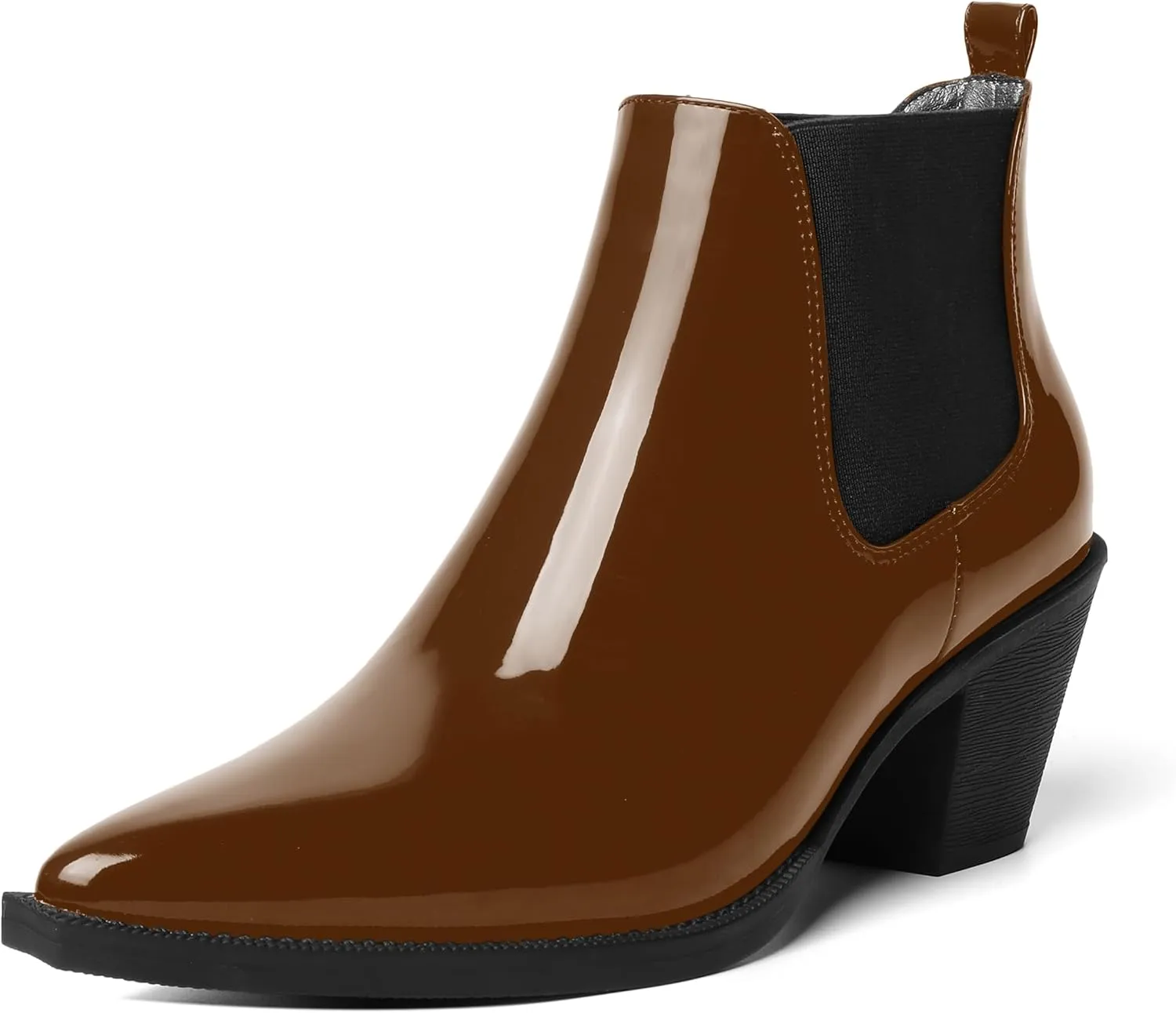 AMBELIGHT Womens Cute Pointed Toe Night Club Patent Slip On Block Low Heel Ankle High Boots 2.3 Inch