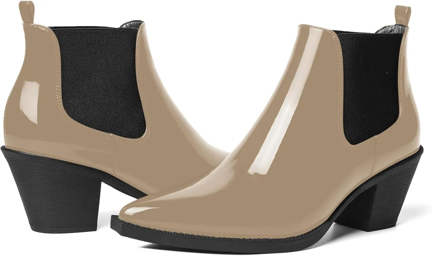 AMBELIGHT Womens Cute Pointed Toe Night Club Patent Slip On Block Low Heel Ankle High Boots 2.3 Inch