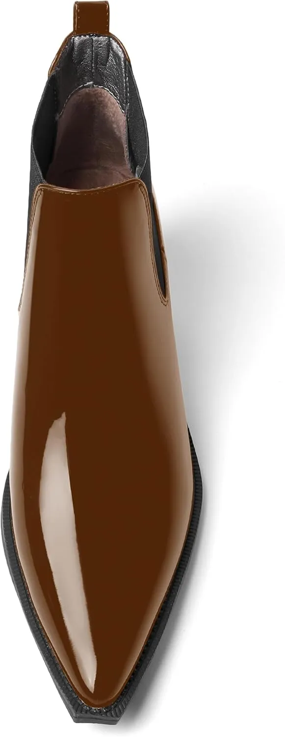 AMBELIGHT Womens Cute Pointed Toe Night Club Patent Slip On Block Low Heel Ankle High Boots 2.3 Inch