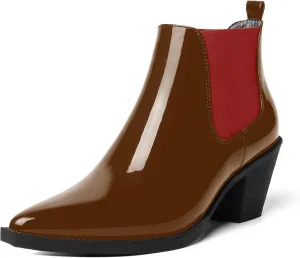 AMBELIGHT Womens Cute Pointed Toe Night Club Patent Slip On Block Low Heel Ankle High Boots 2.3 Inch