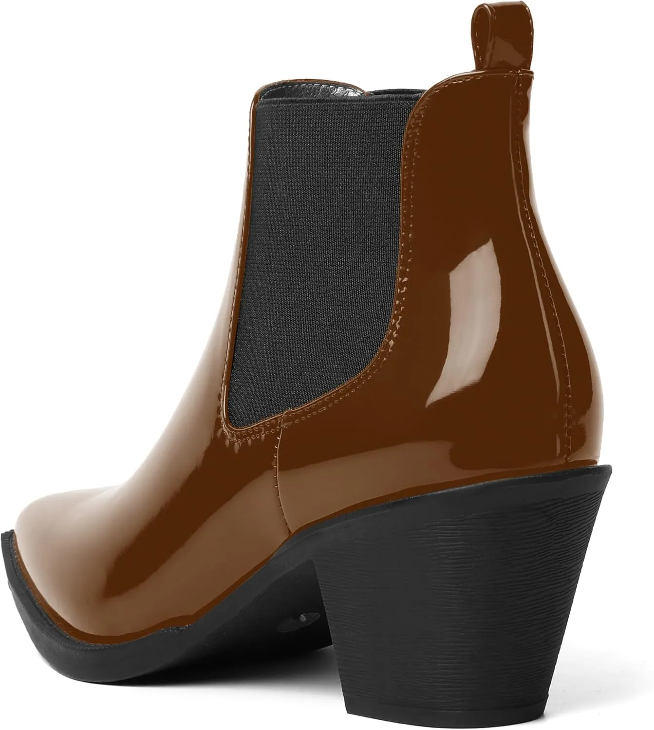 AMBELIGHT Womens Cute Pointed Toe Night Club Patent Slip On Block Low Heel Ankle High Boots 2.3 Inch